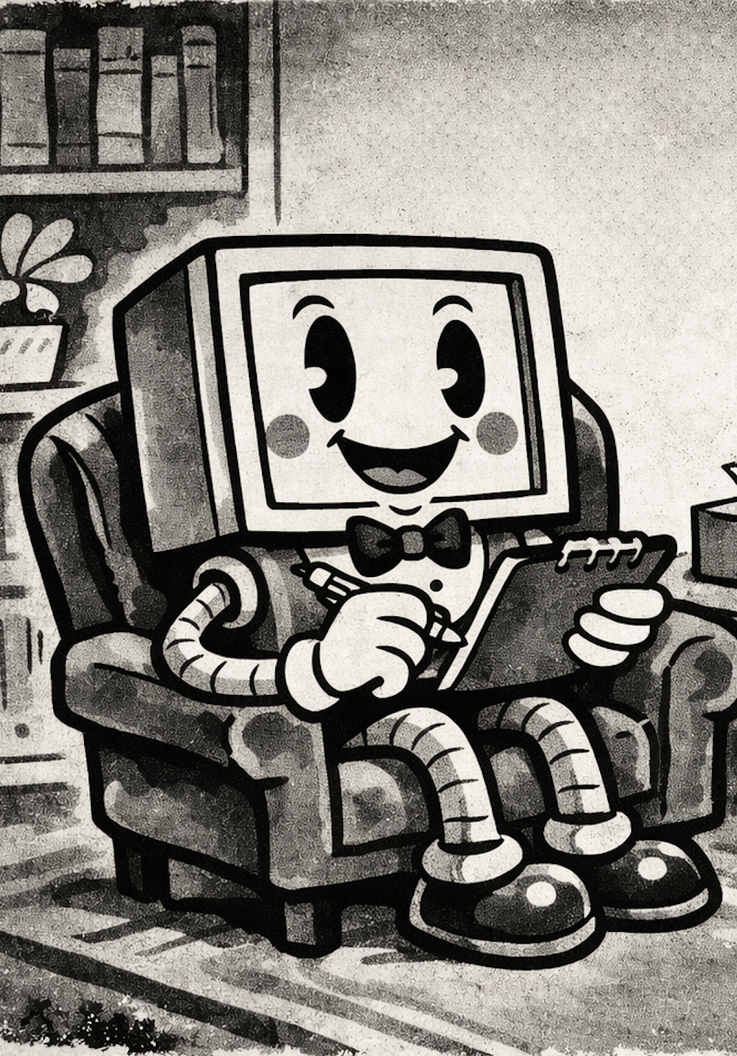 Illustration of a cheerful robot therapist taking notes while a worried young person sits beside him